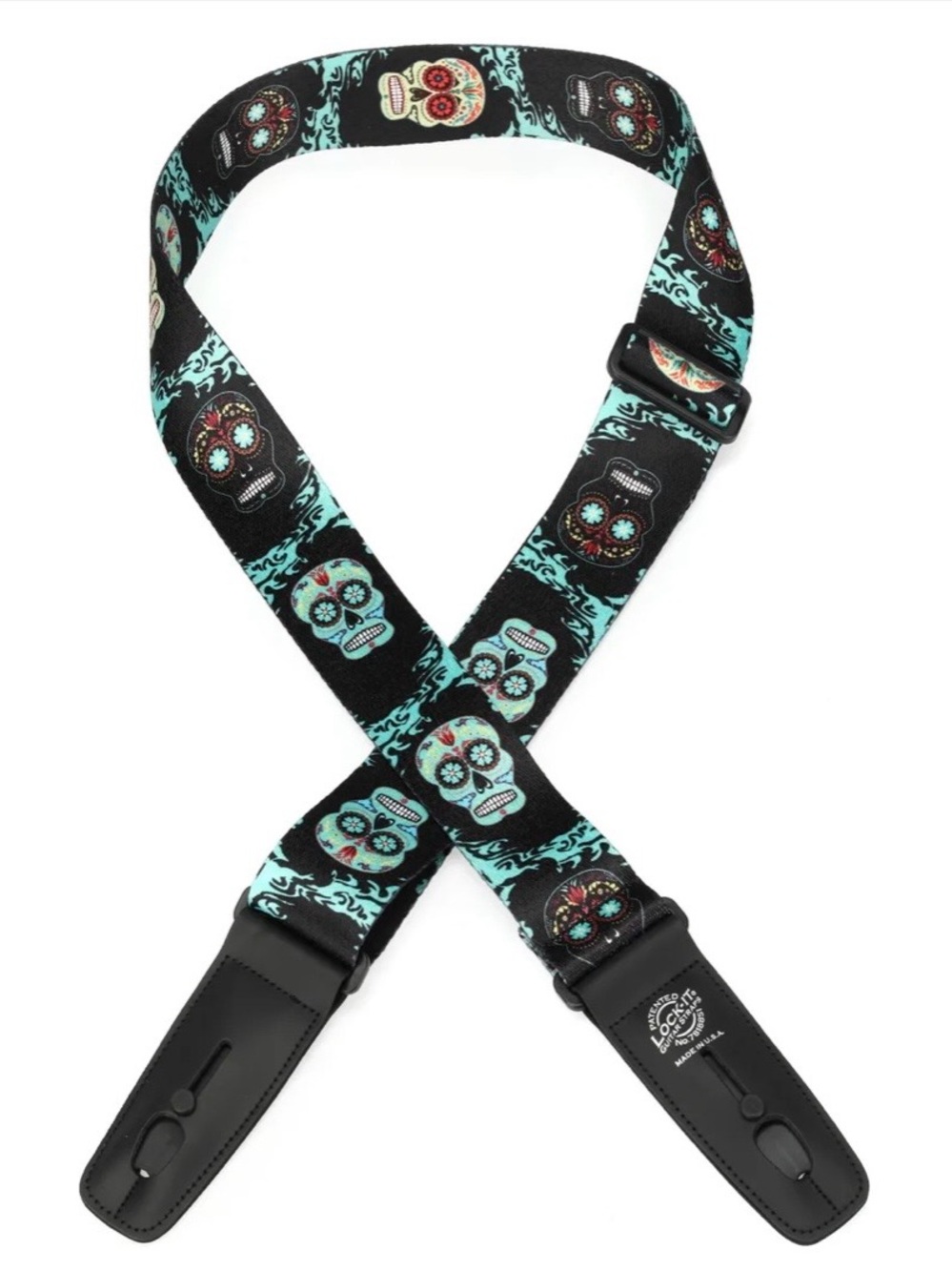 Lock-It Straps 2” Polymer Plush Locking Guitar Strap in Sugar Skull-New w/ Tags!